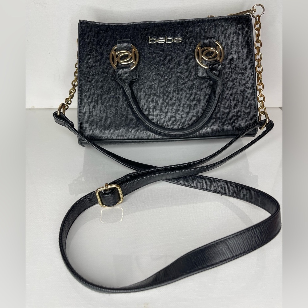 BEBE Sarah Mini Satchel Crossbody Purse Handbag Gold Chain Removable Strap Party